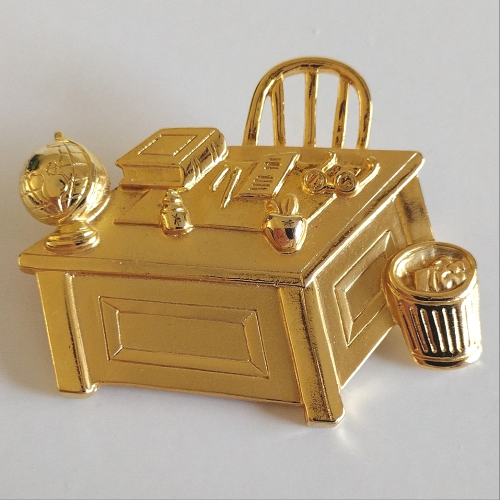 Signed JJ Jonette Gold-Tone Teacher's Desk Brooch